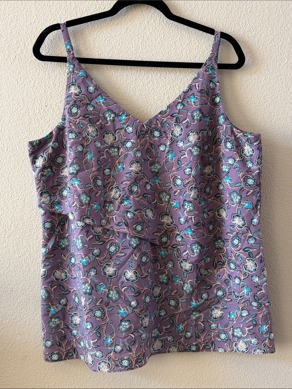 CAbi Lavender Floral V-Neck Cami with Teal Accents